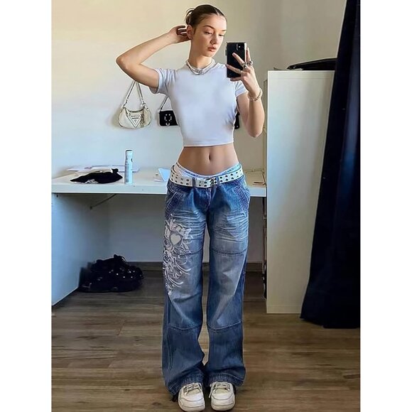 Women's Wide Leg Denim Cargo Pants Low Rise Heart Pattern Baggy Jeans - Picture 6 of 7